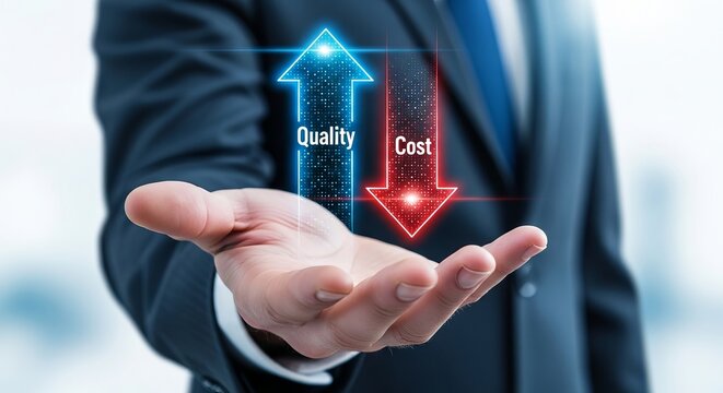 Businessman holding hand out with arrows representing quality and cost in a modern, professional setting.