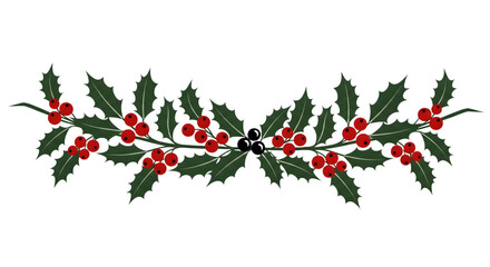 A decorative christmas garland made of holly leaves and red berries, isolated on a transparent background