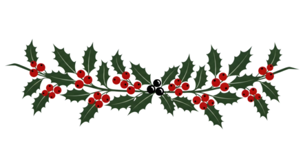 A decorative christmas garland made of holly leaves and red berries, isolated on a transparent background