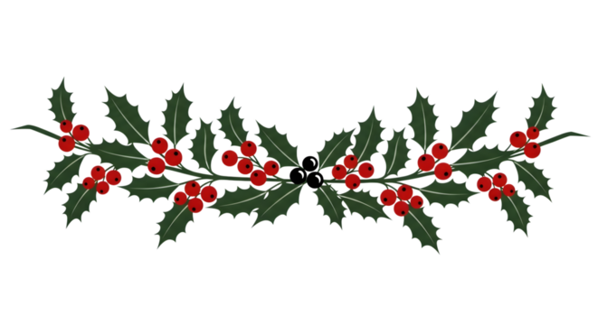 A decorative christmas garland made of holly leaves and red berries, isolated on a transparent background