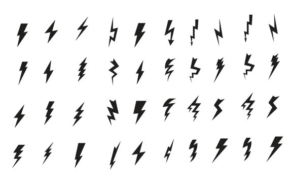 Lightning bolt icon. Flash symbol, thunderbolt, blitz lightnings strike sign. Electric energy black silhouettes, power concept. 