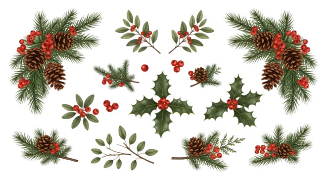 A collection of christmas elements including pine cones, holly, berries, and fir branches, isolated on a transparent background