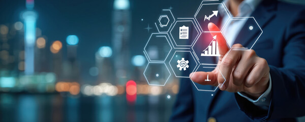 Businessman manages company performance, touching business process icons on virtual screen. Manager works with workflow automation for operational excellence, growth. Digital transformation,