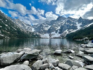 Serene lake surrounded by stunning snow-capped peaks under a blue sky filled with clouds. Large rocks in the foreground enhance the natural beauty of the scene.