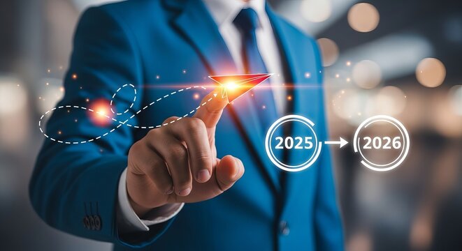 A businessman in a blue suit points at a glowing arrow, symbolizing progress from 2025 to 2026.