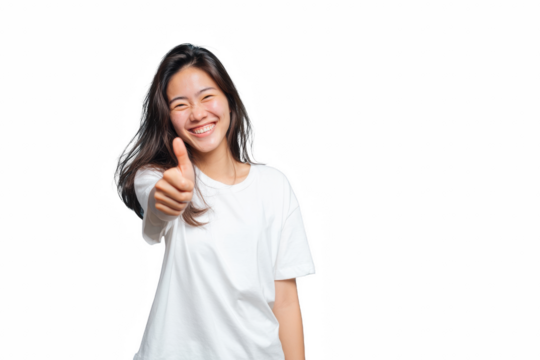 Smiling young Asian woman giving a thumbs up isolated on white expressing positivity and approval