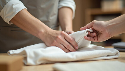 Fototapeta premium Hands folding clothes on counter for packing. Hands folding clothes, showing meticulous care as someone prepares garments for travel or storage, emphasizing organization.