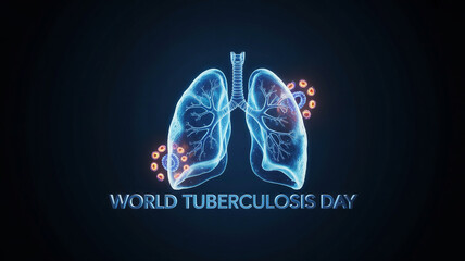 Illustration of lungs with virus cells and world tuberculosis day text on a dark background