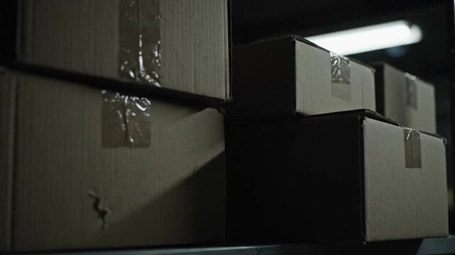 Cardboard boxes stacked on shelving unit in a warehouse or storage.