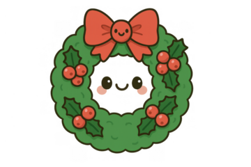 Kawaii christmas wreath character on transparent background featuring red bow, holly, and cute smiling face