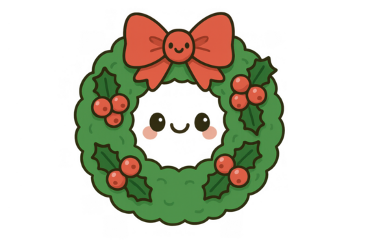 Kawaii christmas wreath character on transparent background featuring red bow, holly, and cute smiling face - Powered by Adobe