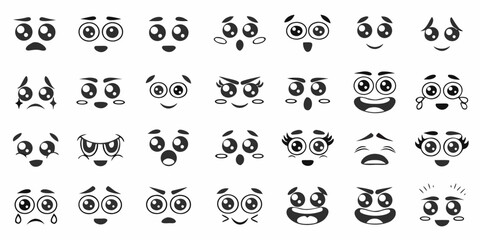 Collection of diverse cartoon faces expressing various emotions and feelings with black and white illustrations