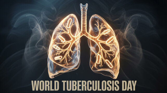 Illustration of lungs with bacteria for world tuberculosis day on a dark background with smoke