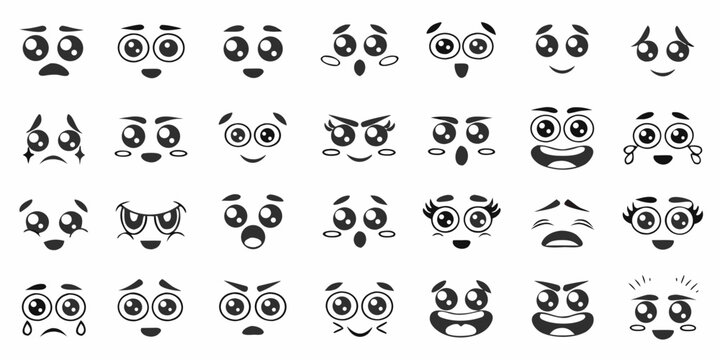 Collection of diverse cartoon faces expressing various emotions and feelings with black and white illustrations