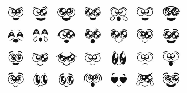 Collection of cartoon eyes and mouths expressing various emotions and feelings in black and white