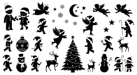 Collection of black christmas silhouette icons including children, angels, reindeer, snowman, christmas tree, snowflakes, moon, and ornaments