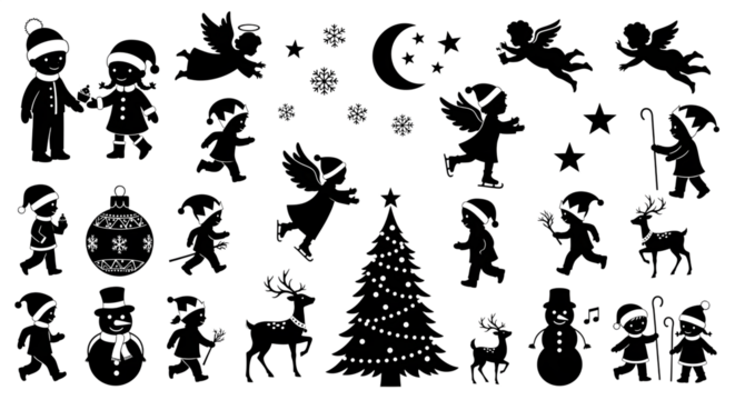 Collection of black christmas silhouette icons including children, angels, reindeer, snowman, christmas tree, snowflakes, moon, and ornaments
