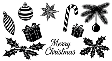 Set of black and white christmas icons including ornaments, candy cane, gifts, holly, pine branch, and text merry christmas