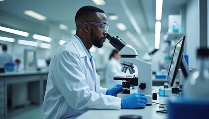 Black male scientist in lab coat, blue gloves examines sample under microscope. He works at laboratory bench with computer. Other scientists work in background. Medical research happens in modern lab.
