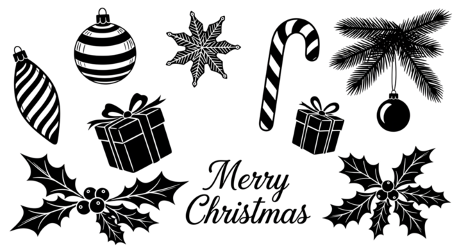 Set of black and white christmas icons including ornaments, candy cane, gifts, holly, pine branch, and text merry christmas