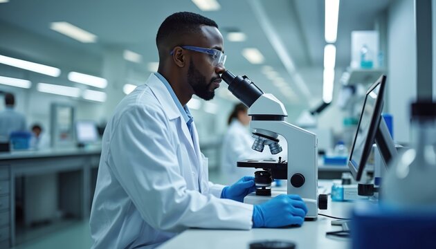 Black male scientist in lab coat, blue gloves examines sample under microscope. He works at laboratory bench with computer. Other scientists work in background. Medical research happens in modern lab. - Powered by Adobe