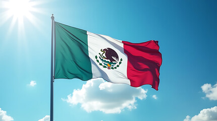 Mexican flag fluttering against clear blue sky bright sun a bold patriotic statement reflects national pride