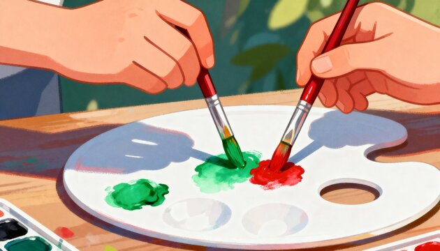 Close-up illustration of two hands painting with brushes on an art palette. Creative hobby and collaborative learning in an art class