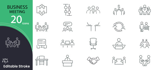 business, meeting, icons, line art, set, collaboration, teamwork, discussion, handshake, presentation, office, desk, chair, people, group, strategy, planning, workflow, communication, agreement, partn
