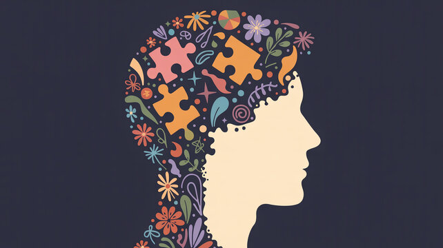 Illustrated head profile filled with puzzle pieces and floral elements on a dark background