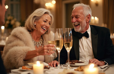 Mature couple enjoys elegant fine dining dinner party. Senior man, woman laugh happily at formal event. Celebrate with champagne glasses at fancy restaurant table. Happiness, joy visible during