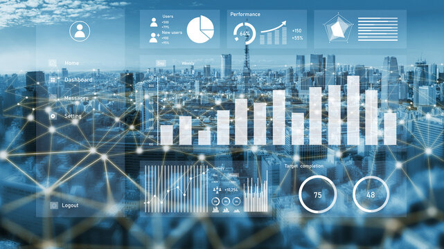 This image captures a sleek digital interface showcasing various data visualizations over a panoramic cityscape. Ideal for technology, business, or analytics themes. Impute