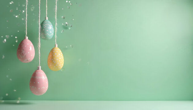 Pastel colored easter eggs hang on strings against light green background. Small white dots and wavy lines adorn eggs. Few silver glitter pieces float around. Plenty of copy space is available.