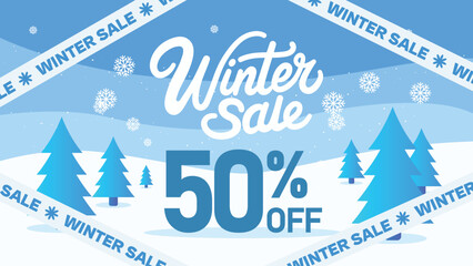 Winter sale banner with 50 percent off discount, snowflakes and pine trees in a snowy landscape, Vector illustration