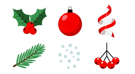 Set of individual christmas icons including holly, bauble, ribbon, pine branch, snow, and berries