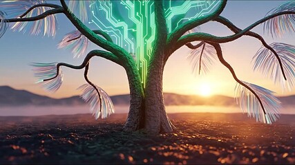 A digital tree with glowing circuitry in the setting sun. - Powered by Adobe