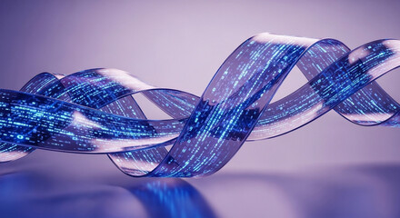 Abstract data stream flowing in a ribbon shape with blue light and binary code on a purple background