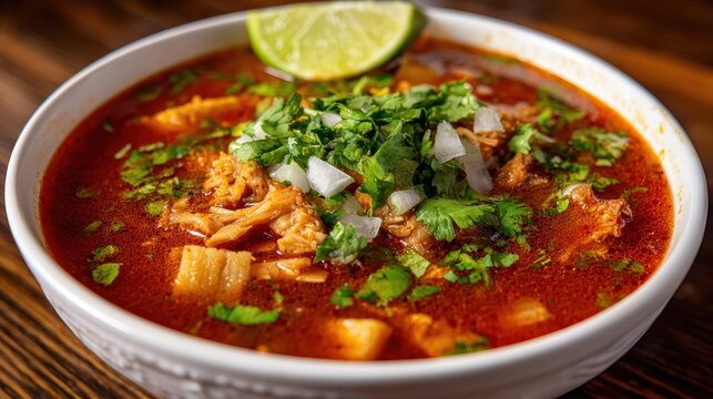 Savory Red Menudo: A Hearty Mexican Stew with Tripe, Cilantro, Onion, and Lime in a Rustic White Bowl