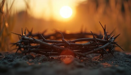 Fototapeta premium Crown of thorns lies on dry, dusty ground. Golden sunset light shines bright behind. Sharp spikes form religious symbol of Jesus Christ suffering, sacrifice, future resurrection. Powerful spiritual