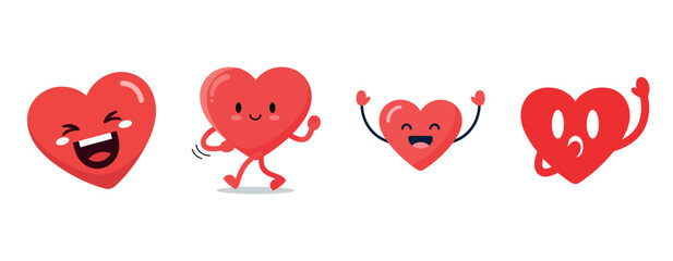 Cheerful cartoon hearts with smiling faces and playful expressions