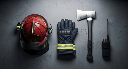 Essential firefighter gear and professional rescue equipment laid out on a dark background