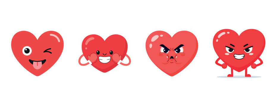 Cute red heart characters displaying various expressions of joy and anger