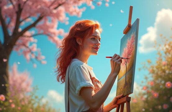 Red-haired woman paints pink tree on canvas outdoors. Artist holds brush, works on landscape painting. Blue sky background with blossoms, summer day.