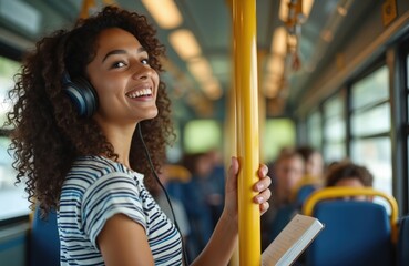Obraz premium Young multiracial woman smiles with headphones on public bus. She holds yellow pole and small book. Happy commuter enjoys music during city trip. Urban student travels with tech on busy city commute.