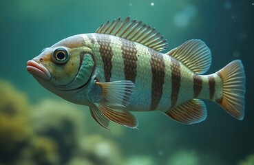 Obraz premium Striped cichlid fish swims in clear blue water near green coral. Aquatic animal has distinct vertical bands and fins. Underwater scene shows peaceful marine life.