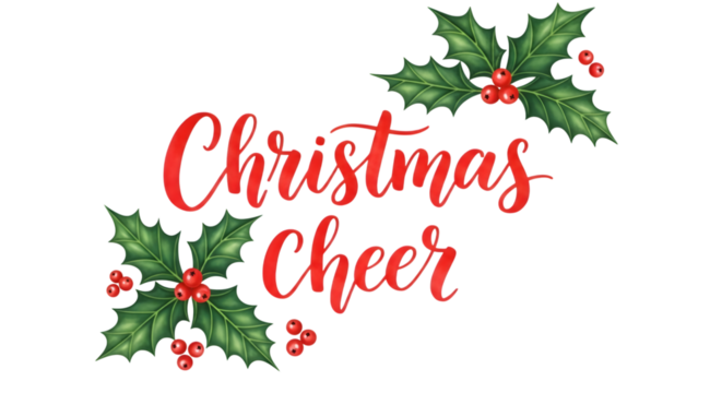 The words christmas cheer written in a festive red script font, surrounded by holly leaves and berries, isolated on a transparent background