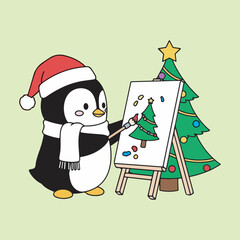 Cute Christmas penguin painting tree with brush and color vector art