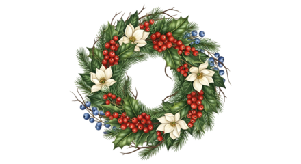 Beautiful christmas wreath with poinsettia, holly berries, and pine needles