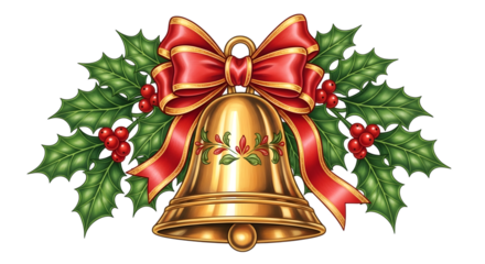 Golden christmas bell with red ribbon and holly leaves