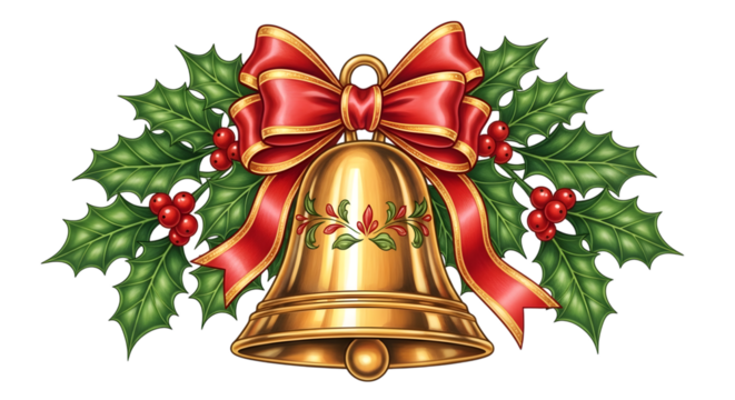 Golden christmas bell with red ribbon and holly leaves