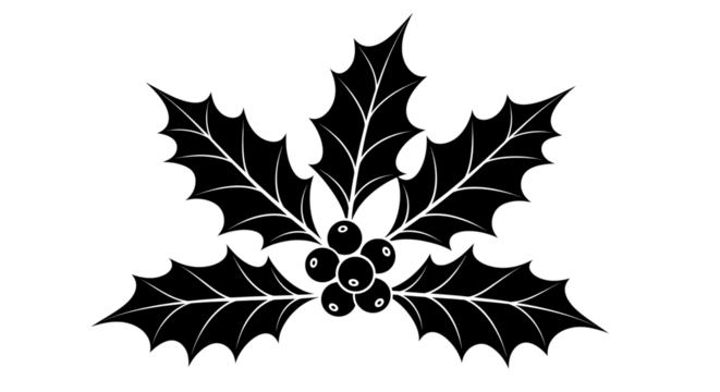 A black and white silhouette of a holly sprig with sharp leaves and berries